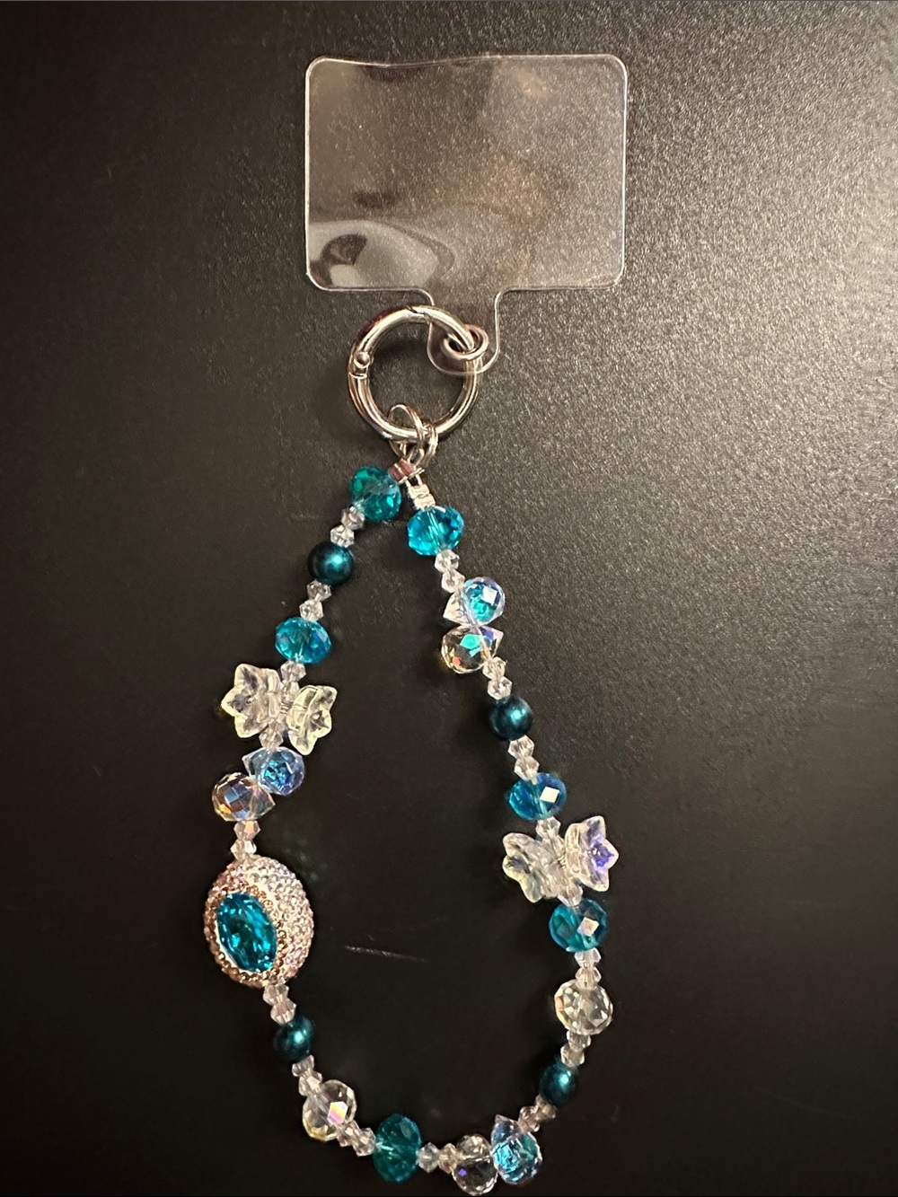 Teal Crystal/Acrylic Beaded Bracelet Keychain /phone charm with Butterfly Accent